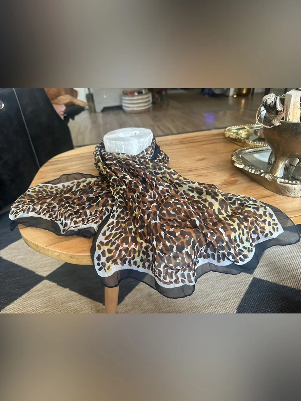 Leopard print vintage scarf 40” long brown black yellow white